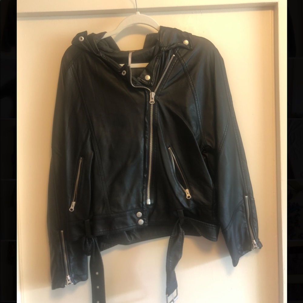 Free People Vegan Leather Hooded Biker Jacket